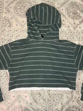 Out from Under cropped green hoodie with white stripes, missing drawstring